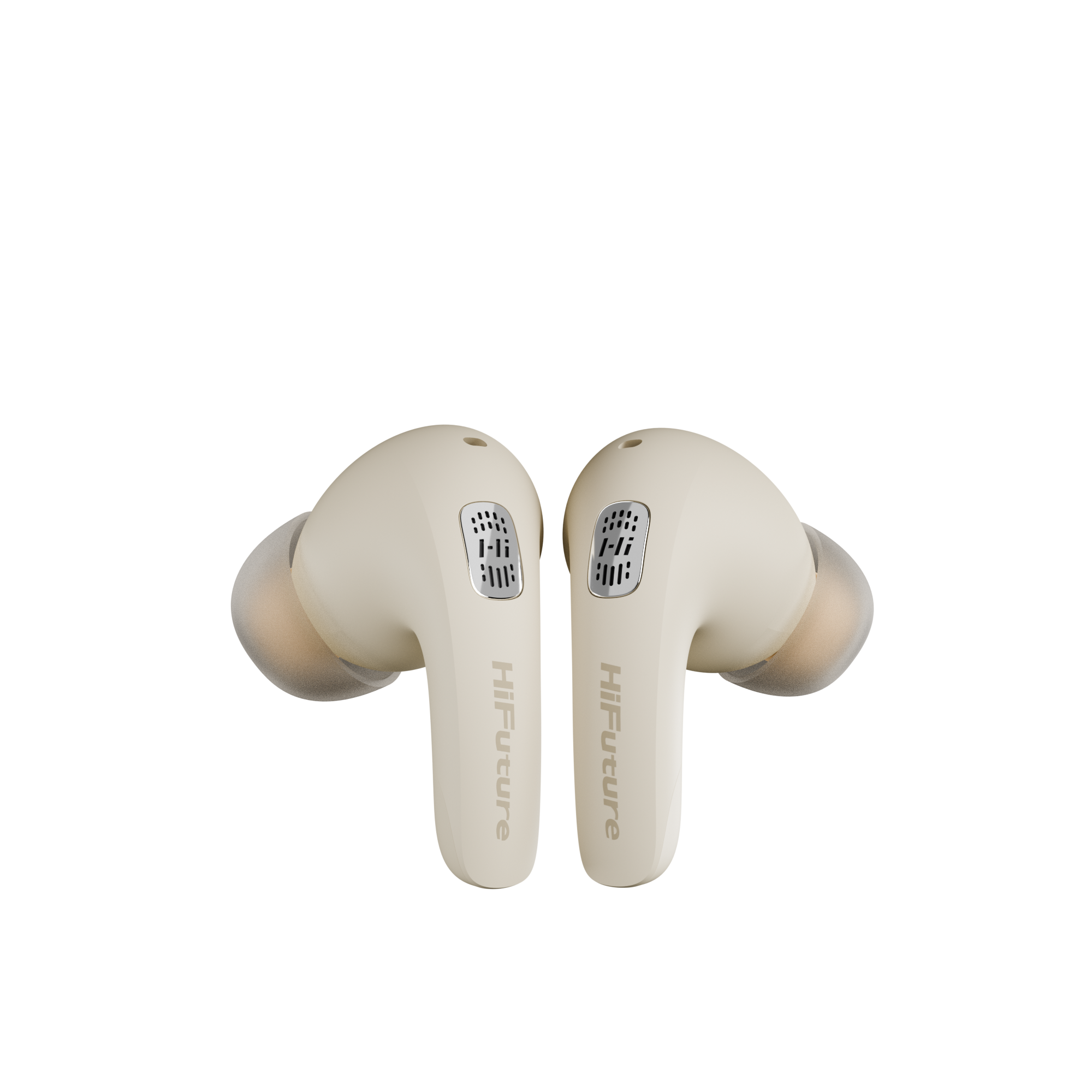Beige wireless earbuds with 'HIFUTURE' branding on a white background