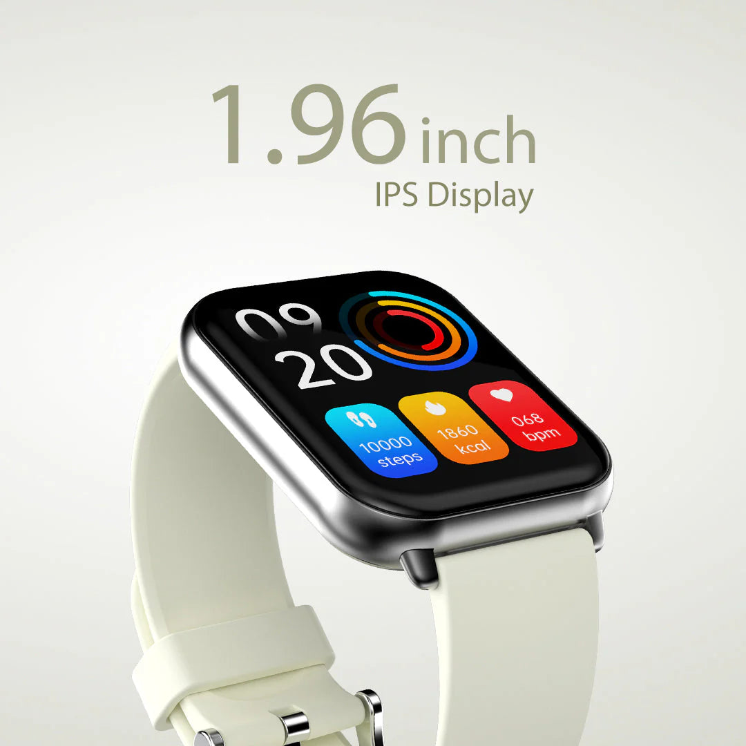 Smartwatch with a 1.96 inch IPS display on a light gray background