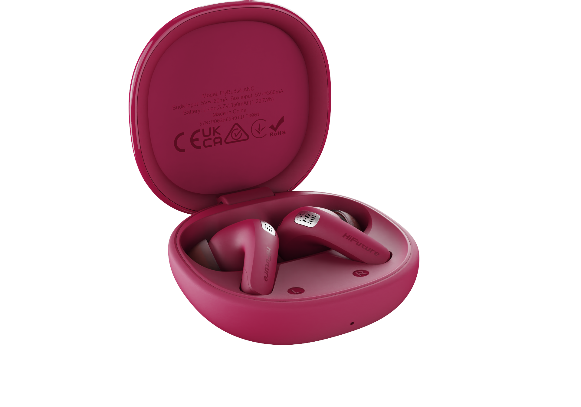 Pink HiFuture FlyBuds4 AI wireless earbuds in an open charging case