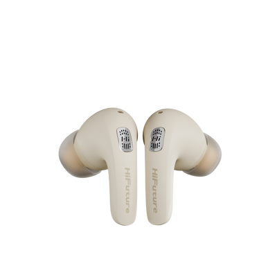 Beige wireless earbuds with 'HIFUTURE' branding on a white background