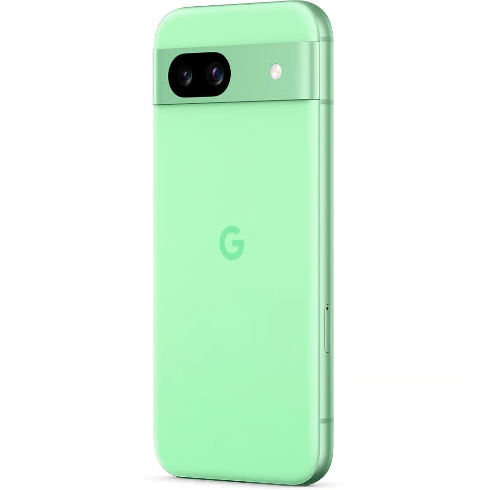 A mint green Google Pixel smartphone shown from the back on a clean white background, featuring the signature Google 'G' logo and dual camera bar.