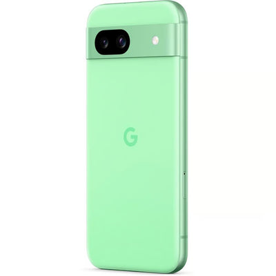 A mint green Google Pixel smartphone shown from the back on a clean white background, featuring the signature Google 'G' logo and dual camera bar.