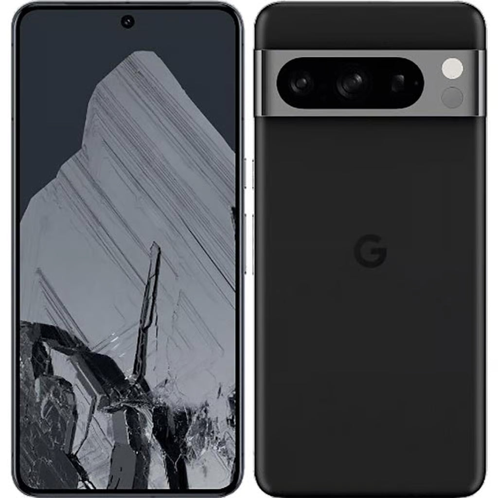 Black smartphone showing front and back views with a mountain graphic on screen.