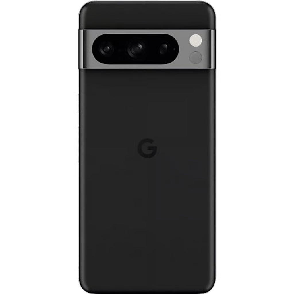 The back of a black Google Pixel smartphone, showing the matte black glass back panel, a metallic silver camera bar with three lenses and a flash, and the embossed Google 'G' logo in the center.