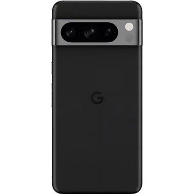 The back of a black Google Pixel smartphone, showing the matte black glass back panel, a metallic silver camera bar with three lenses and a flash, and the embossed Google 'G' logo in the center.