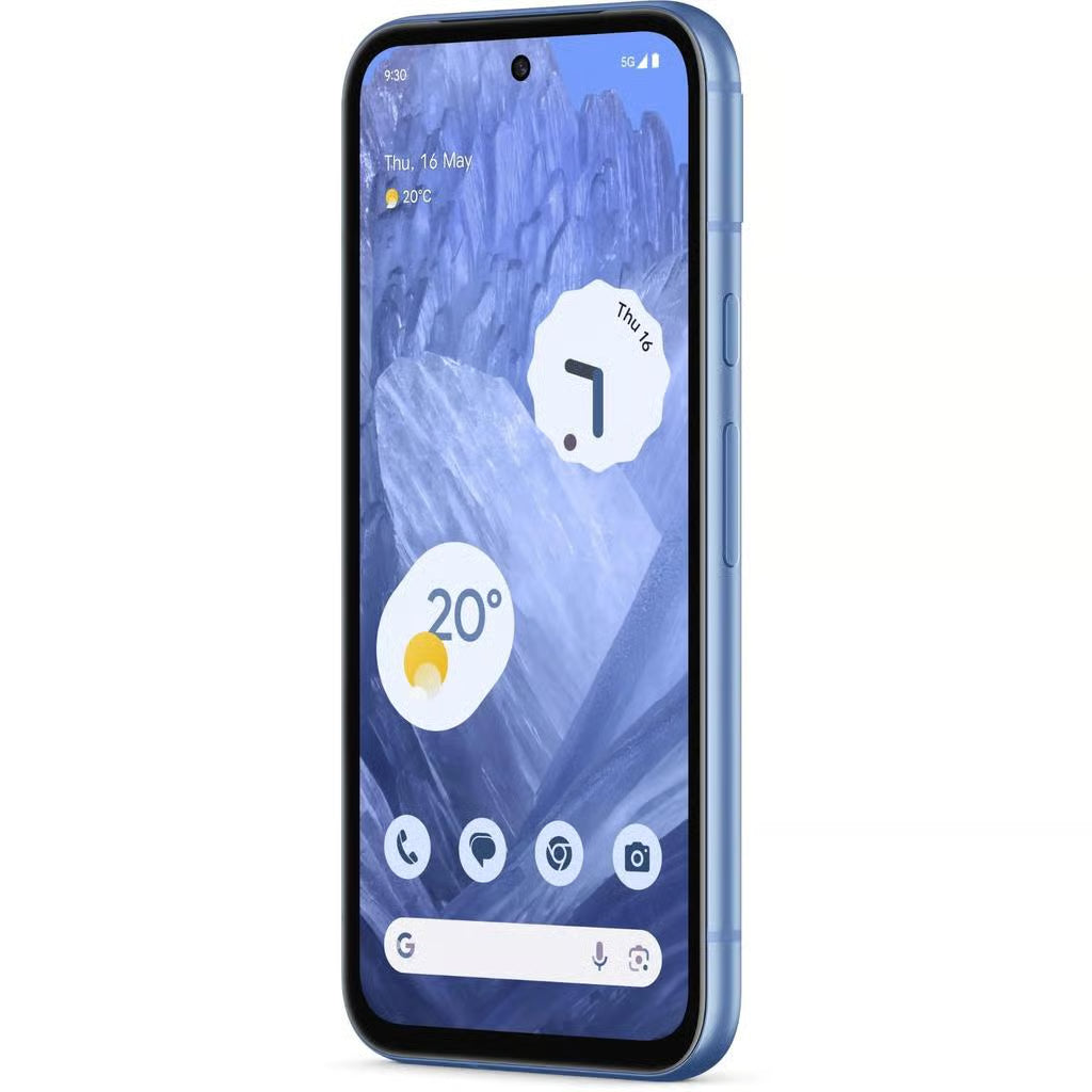 A blue smartphone shown at a three-quarter angle against a plain white background, displaying a blue-toned wallpaper with weather widgets and app icons.