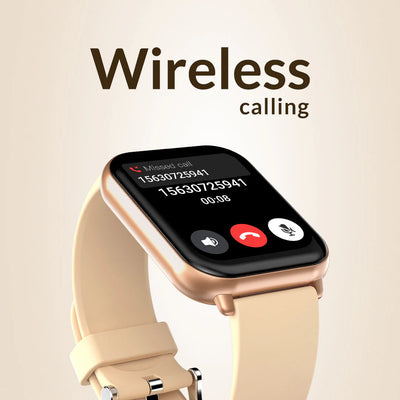 Smartwatch with a beige strap displaying a call interface on a beige background with 'Wireless calling' text.