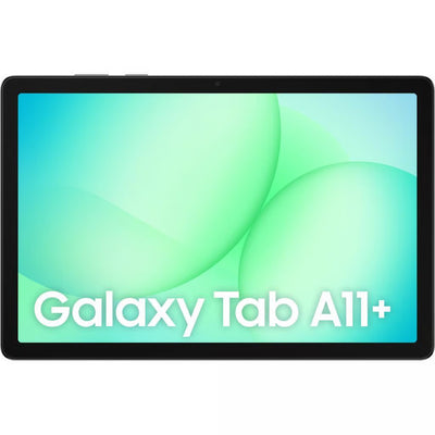 Samsung Galaxy Tab A11+ tablet with green gradient background on screen