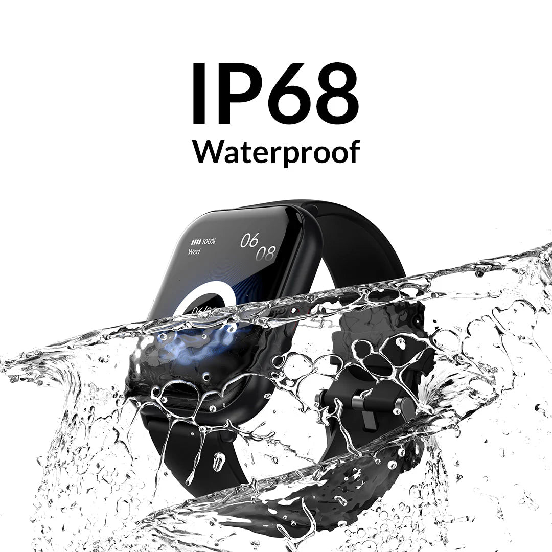Smartwatch with water splashing around it, emphasizing IP68 waterproof feature.