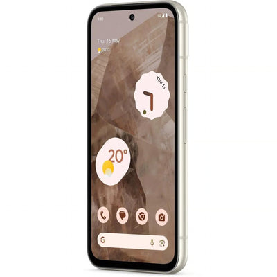 Smartphone with a weather app on the screen displaying temperature and date.