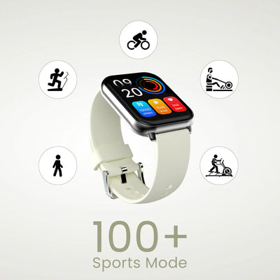 Smartwatch with a white band on a light gray background, featuring icons and text about sports modes.