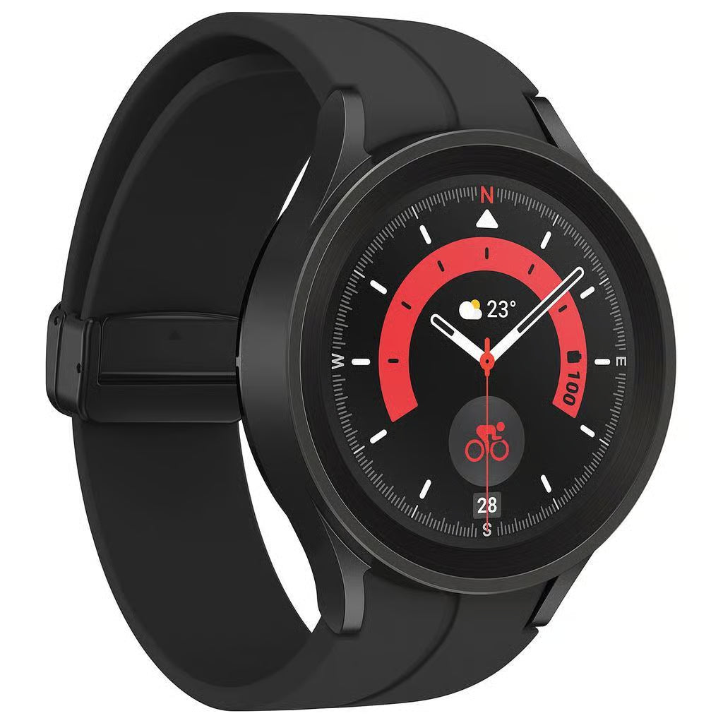 Black smartwatch with a red and white display on a white background