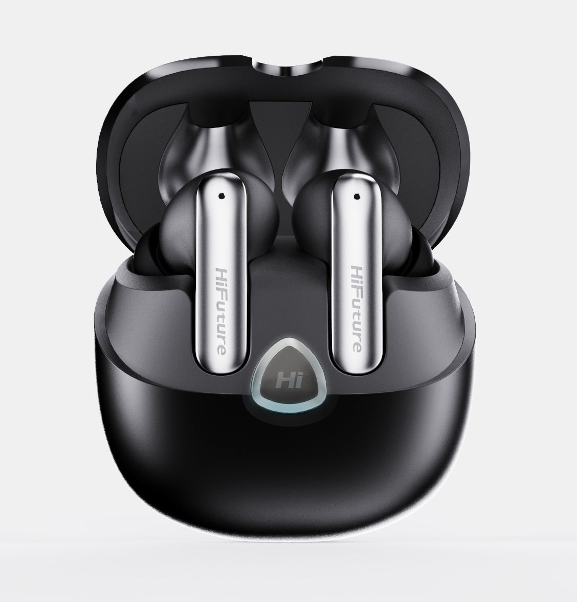 Black wireless earbuds with charging case on a light gray background