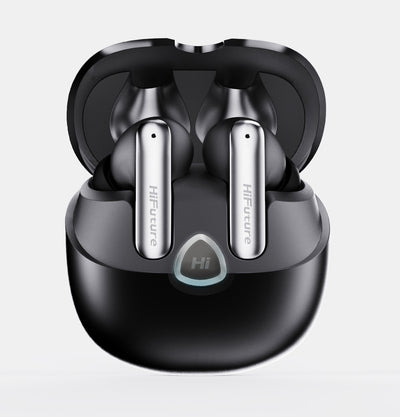 Black wireless earbuds with charging case on a light gray background