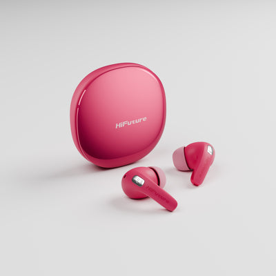Pink wireless earbuds with charging case on a light gray background
