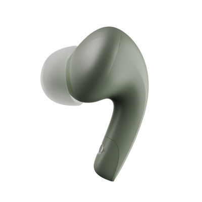 Green wireless earbuds on a white background