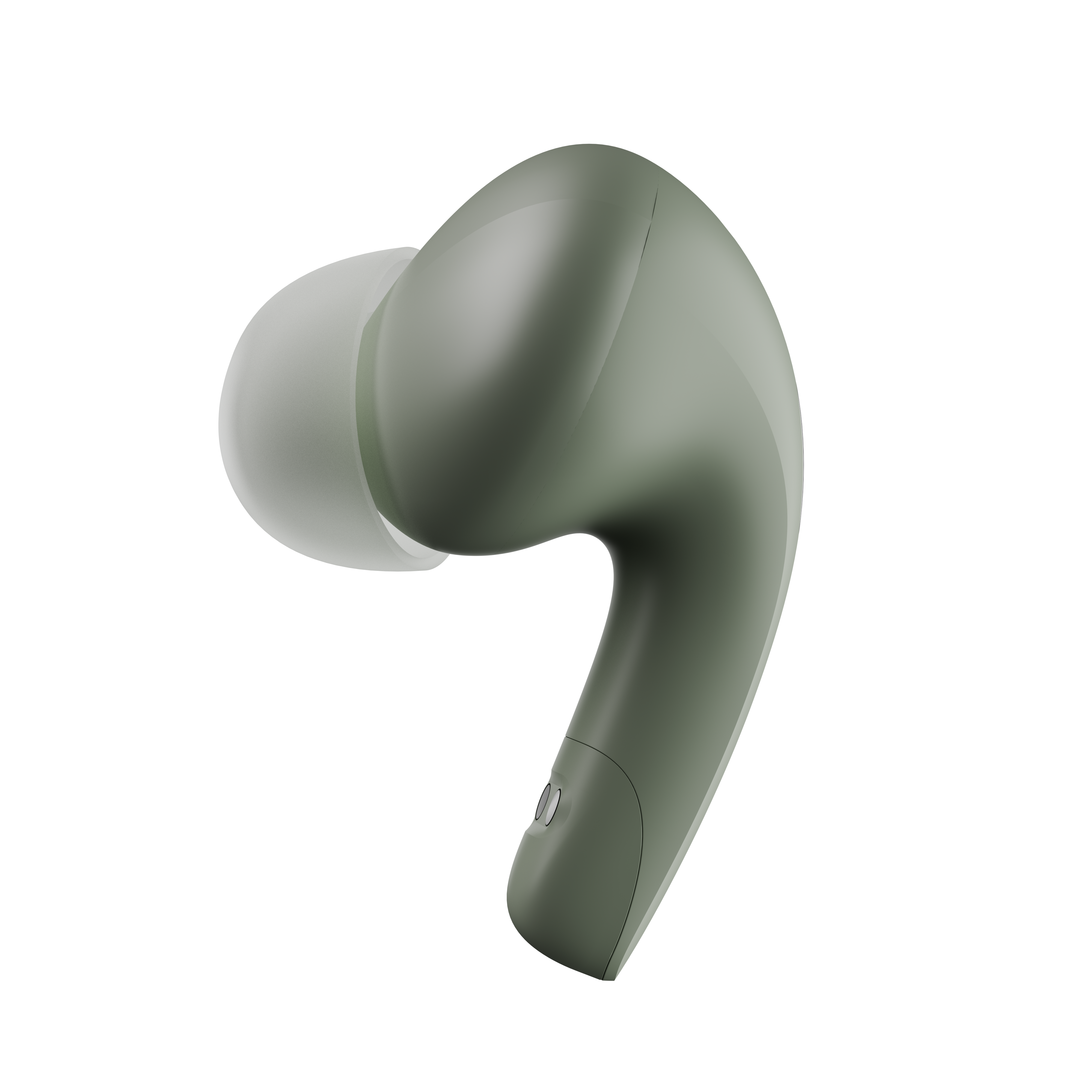 Green wireless earbuds on a white background