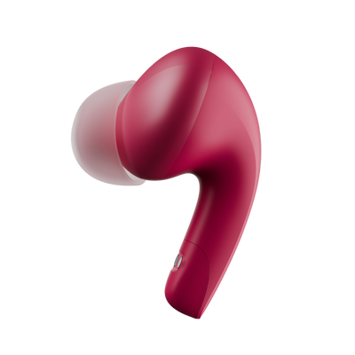 Red wireless earbud on a white background