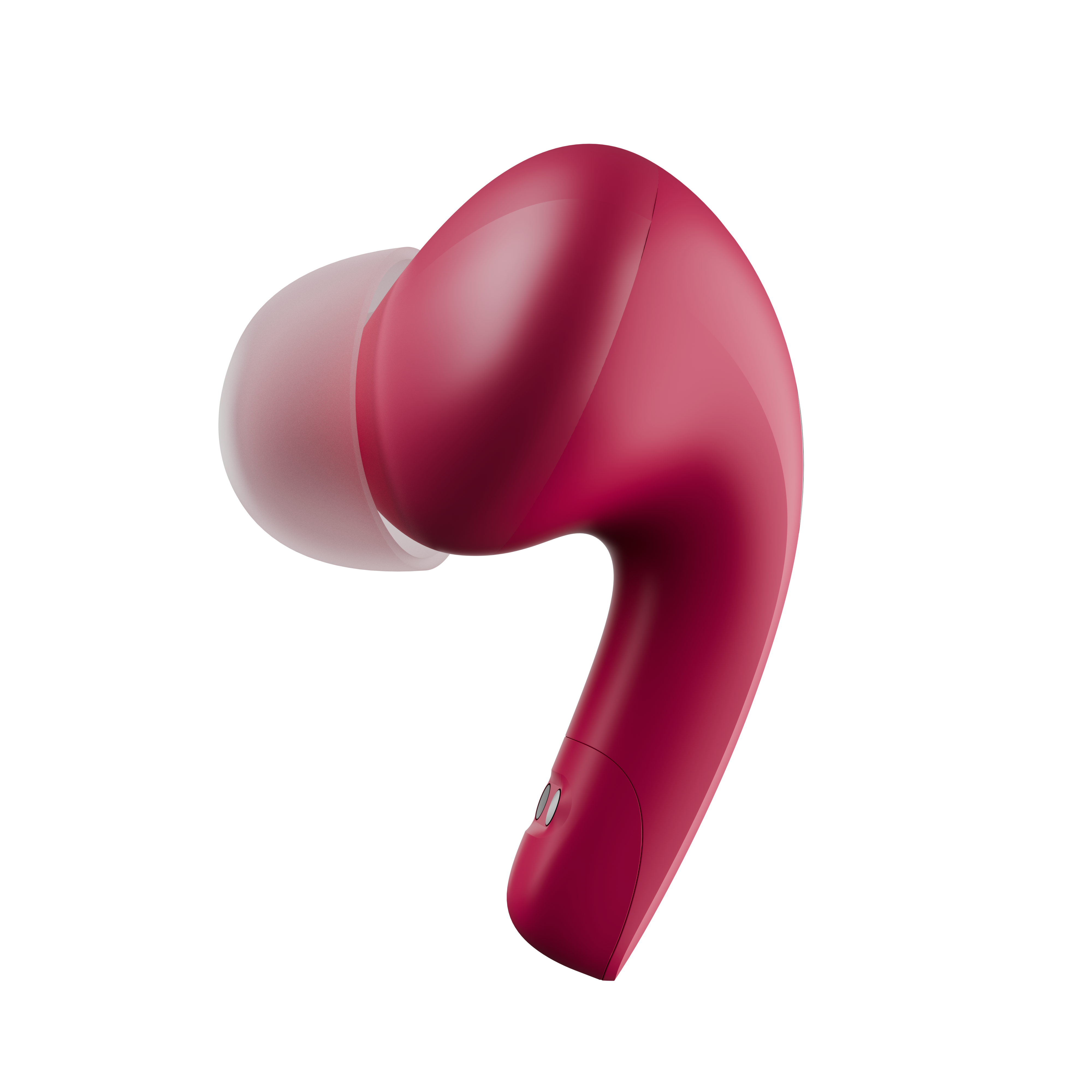 Red wireless earbud on a white background