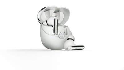 White wireless earbuds with charging case on a white background