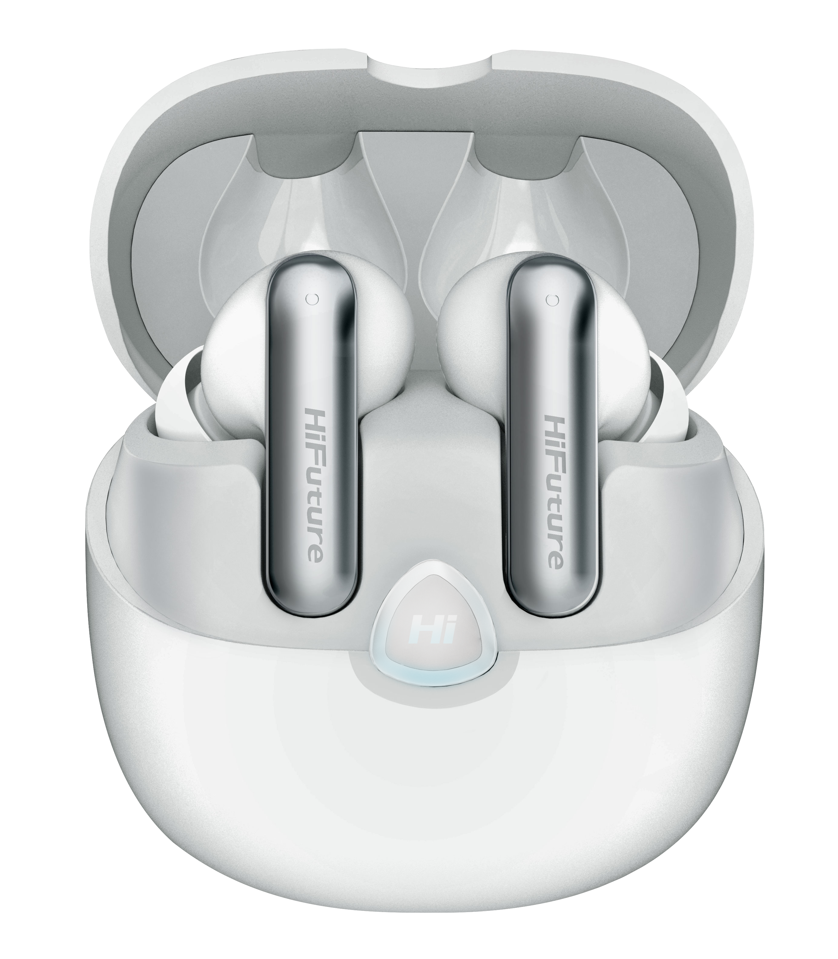 Wireless earbuds in a white charging case with 'HiFuture' branding.