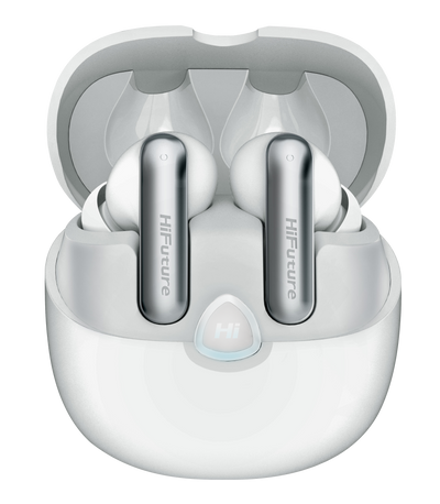 Wireless earbuds in a white charging case with 'HiFuture' branding.