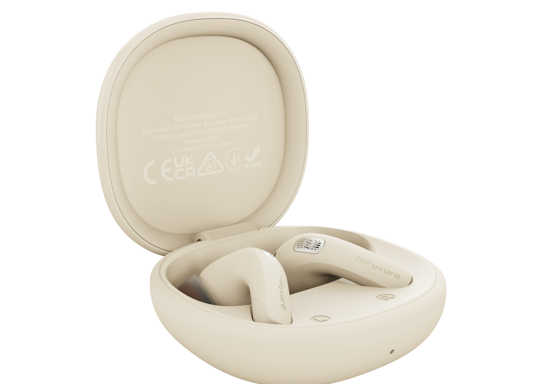 Beige wireless earbuds in an open charging case on a white background
