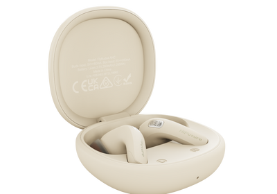 Beige wireless earbuds in an open charging case on a white background