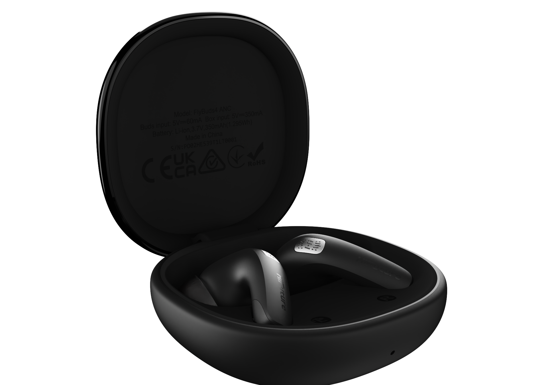 Black wireless earbuds in an open charging case on a white background