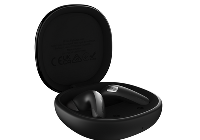 Black wireless earbuds in an open charging case on a white background