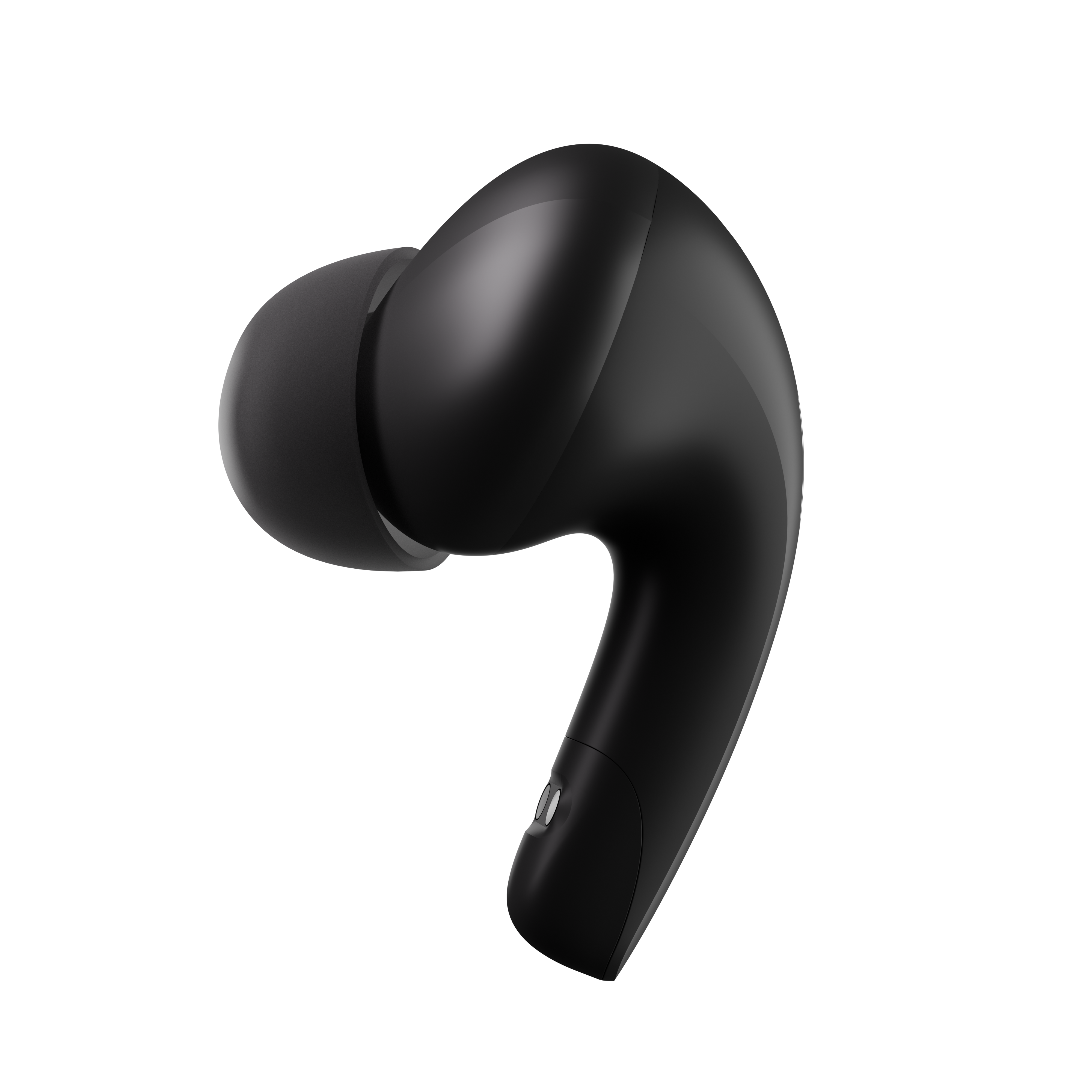Black wireless earbud on a white background