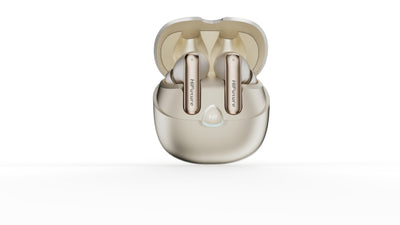 Wireless earbuds in a transparent case on a white background