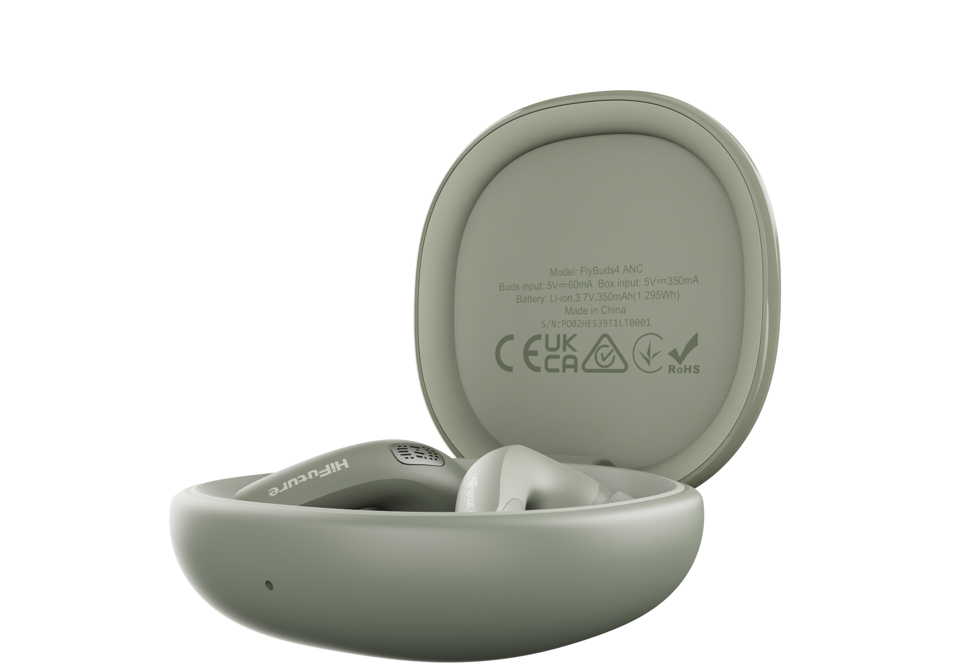 Green wireless earbuds in a charging case on a white background