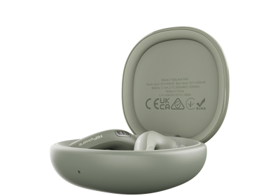 Green wireless earbuds in a charging case on a white background