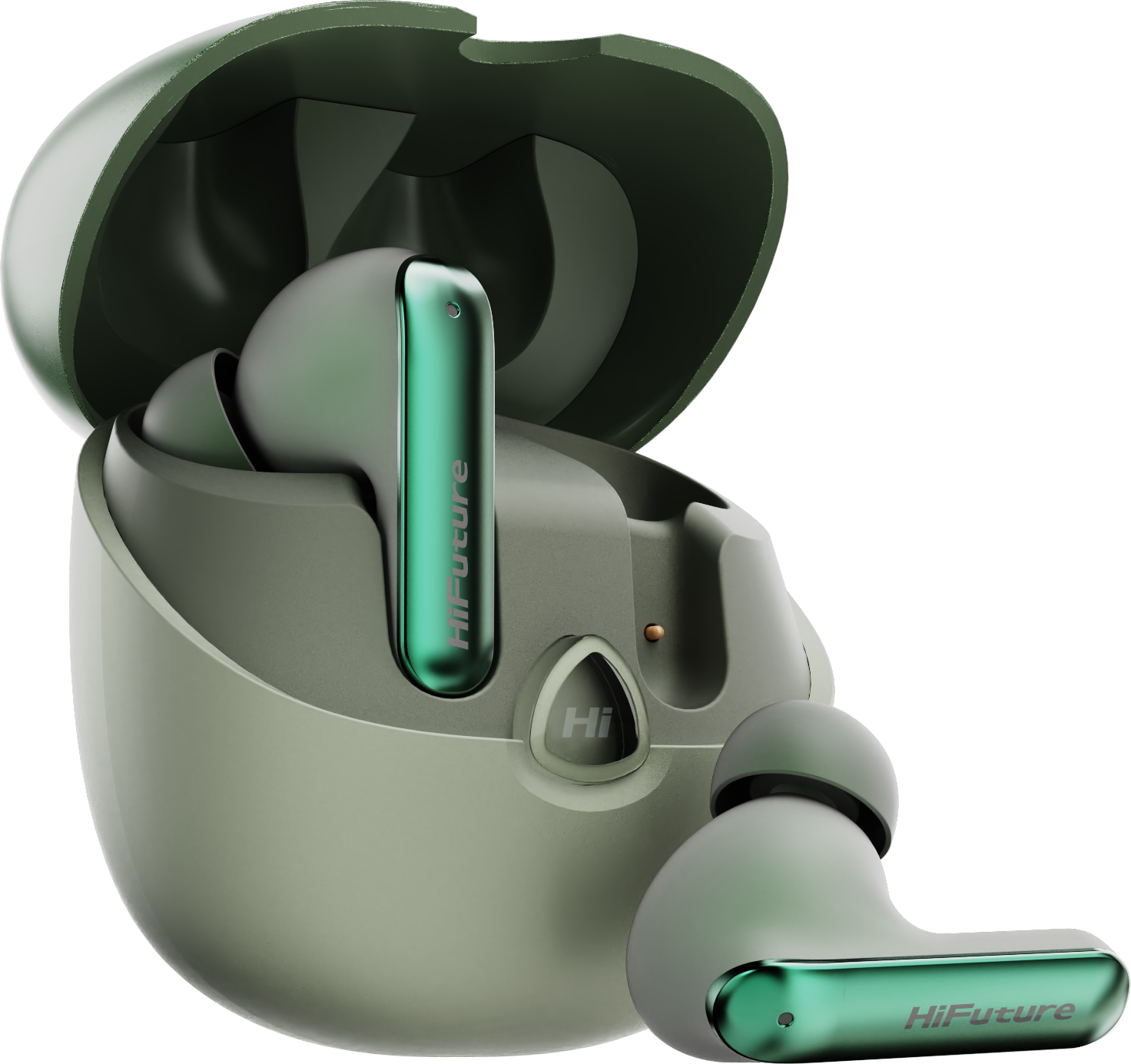 Green wireless earbuds with charging case on a white background