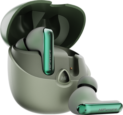 Green wireless earbuds with charging case on a white background