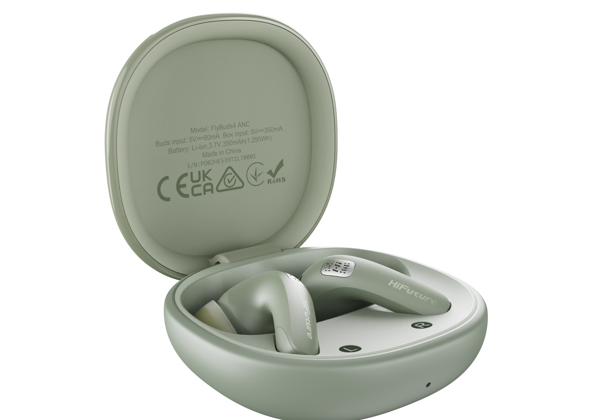 Green wireless earbuds in a charging case on a white background