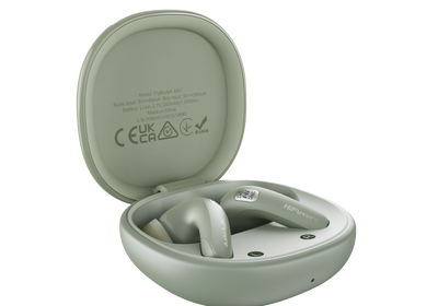 Green wireless earbuds in a charging case on a white background