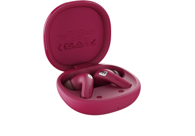 Pink HiFuture FlyBuds4 AI wireless earbuds in an open charging case